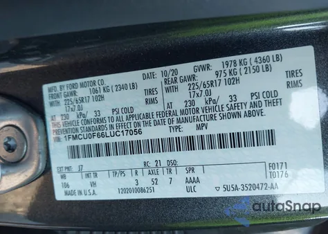 2020 Ford Escape S z USA, uszkodzony, nr VIN 1FMCU0F66LUC17056